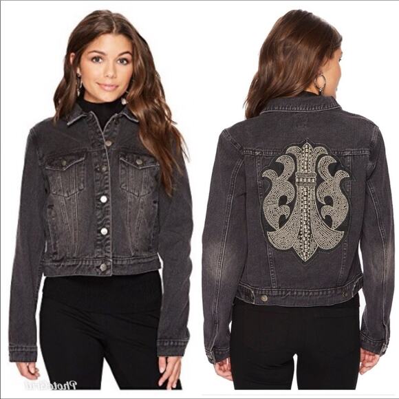 MINKPINK Jackets & Blazers - MinkPink NWT Demin Jacket Cotton Embellished Silver Beaded Fleur de Lis